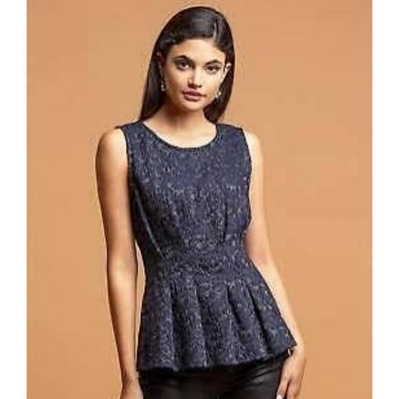 Eva Franco Navy Gold Metallic Peplum Blouse Size S - Picture 1 of 14